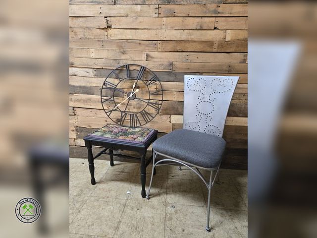 Lot 53-831 - Large 24" Battery Operated Wall Clock, Vintage Upholstered Stool and Vintage Metal Chair (E)