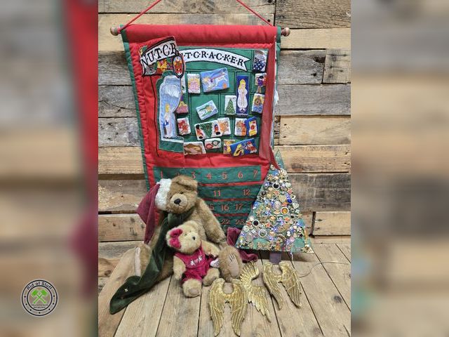 Lot 53-1037 - Christmas Advent Calendar, Boyds Bears and handmade lighted Wooden Tree with Old Jewlery