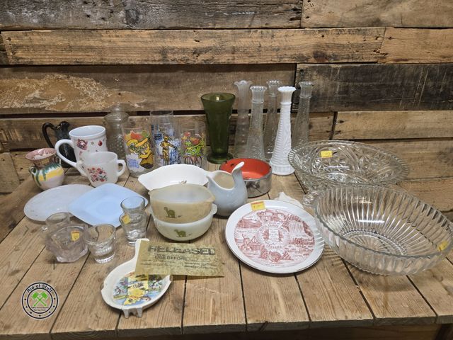 Lot 53-1076 - Vintage Lot - Includes: Vintage McDonalds Glasses, Fire King Bowls, Plates, Cups, Vases, and other c...