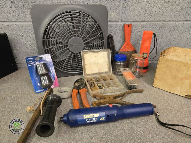 Lot 53-1011 - Lot of Misc tools and Handy Items - Includes: Battery Operated Fan, Benchtop Screwdriver, Misc Hardw...