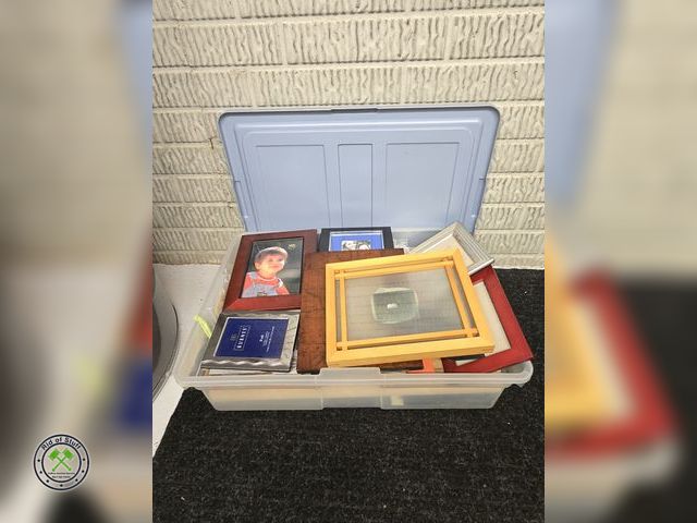 Lot 53-647 - Plastic Storage Tote with Lid filled with Picture Frames - All are in really good condition