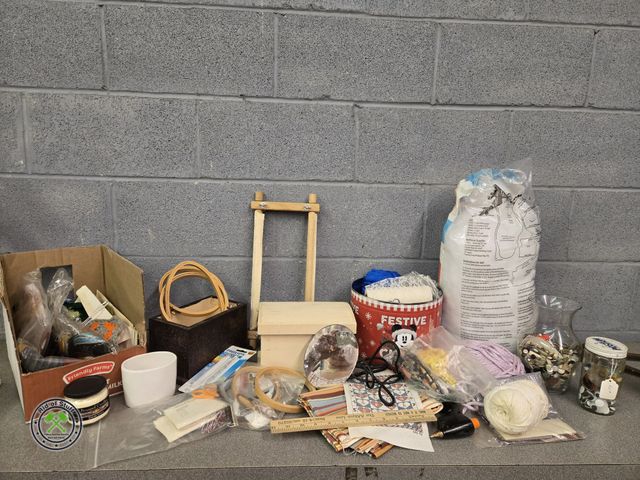 Lot 53-1002 - Large Crafting Lot - Mickey Mouse Tin of Fabric and Lace, Wooden hoops, Wooden Boxes to paint, Pillo...