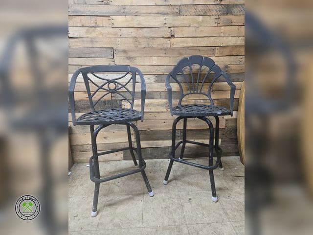 Lot 53-806 - (2) High Back Bar Height Outdoor Black Wrought Iron Chairs