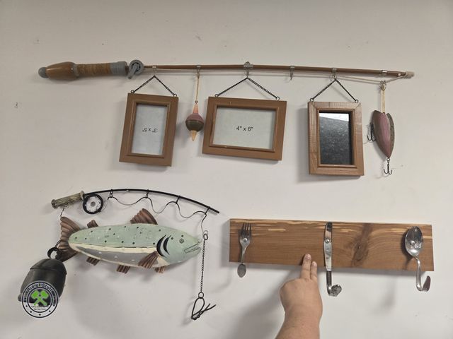 Lot 53-658 - Fishing Picture Framed Wall Decor and Handmade Silverware Coat Rack (BSMT)