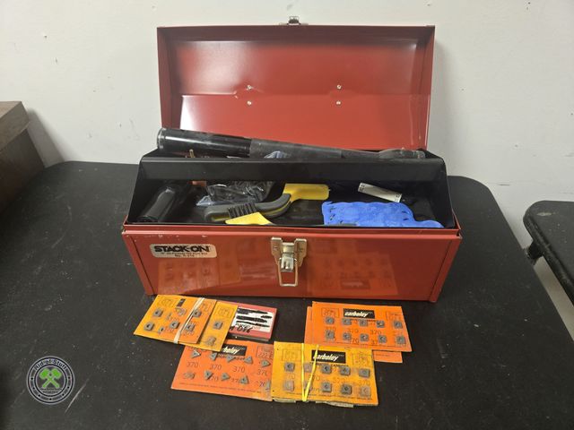 Lot 53-647 - Stack-On Metal Tool Box with Black Mag Light Flashlight and Misc Hand Tools (BSMT)