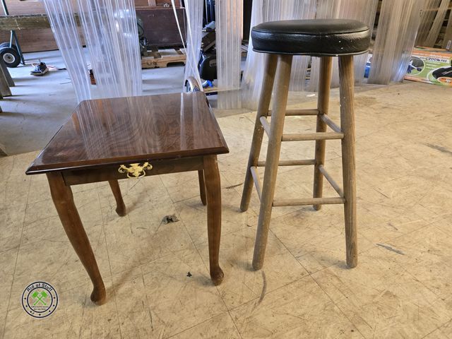 Lot 53-828 - Wooden End Table with Drawer and Padded Stool