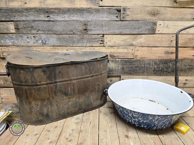 Lot 53-983 - Boiler pot with Lid and Large 16" Blue and White Enamel Bowl