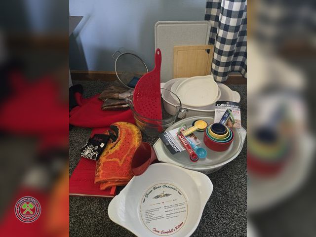 Lot 53-543 - Vintage Pyrex Casserole Dish, Cutting Boards, Campbells Soup Dish, Pot Holders, Table Cloths and mor...