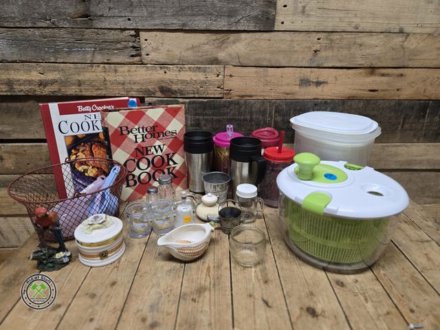 Lot 53-834 - Kitchen Lot - Includes: Vintage Cookbooks, Salad Spinner, Tupperware containers, Beverage Cups and M...