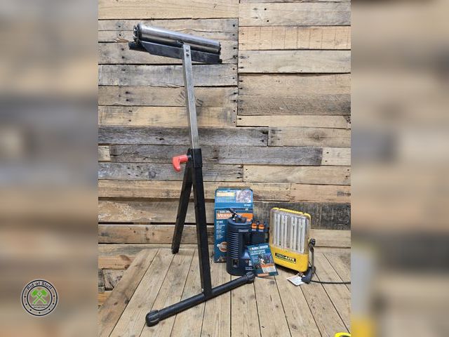 Lot 53-1044 - Roller Stand, Work Light, Vintage log Roller and Air Compressor - Missing Battery