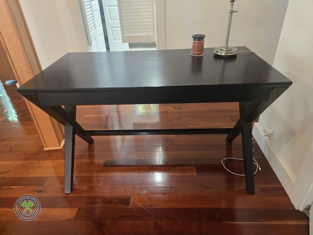 Lot 53-556 - Like New Black Table Desk - Measures: 48"x24"x30" with Desk Lamp and Candle