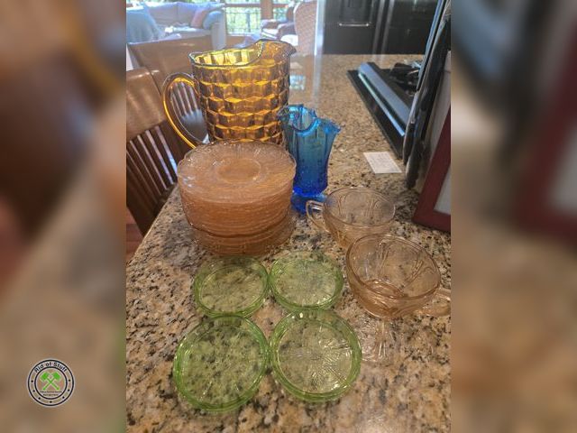 Lot 53-574 - Lot of Vintage Colored Collectible glass. Pink Depression Glass Plates and cups, Heavy Brown Glass P...