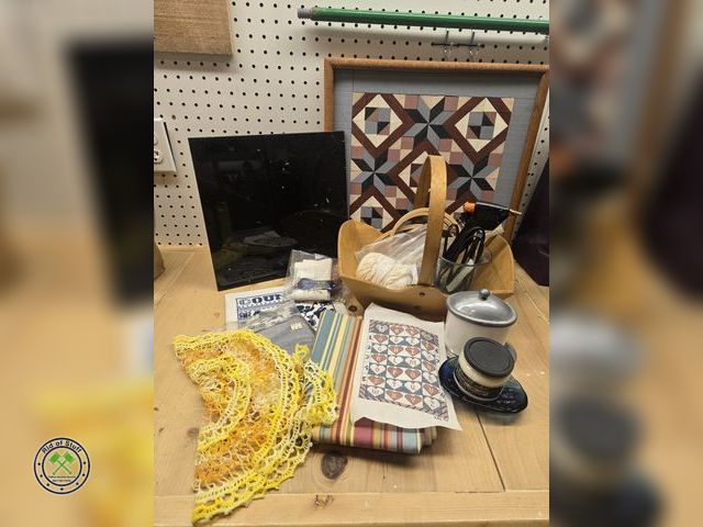 Lot 53-615 - Lot of Sewing/Crafting Items - Wooden Embroidery Hoops, Material, doily, Canvas Wall Art and more