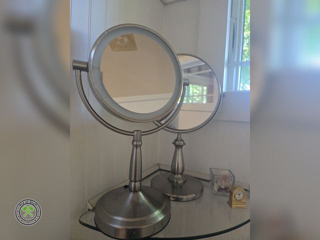 Lot 53-515 - (2) Beauty Mirrors with small clock and glass dish