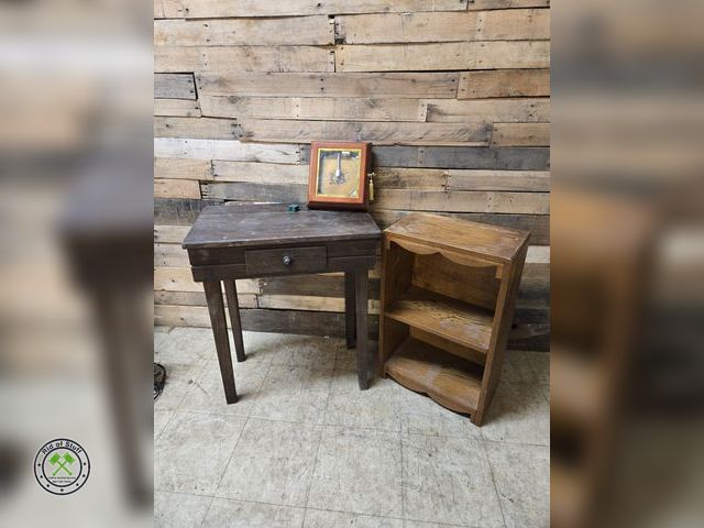 Lot 53-984 - Wooden Table with Drawer and Wooden Shelf with Mr Christmas Music Box