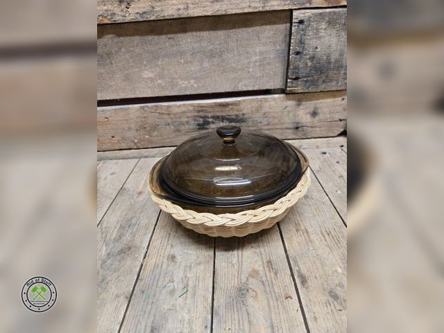 Lot 53-1019 - Brown Pyrex Casserole Dish with Lid and Wicker Basket