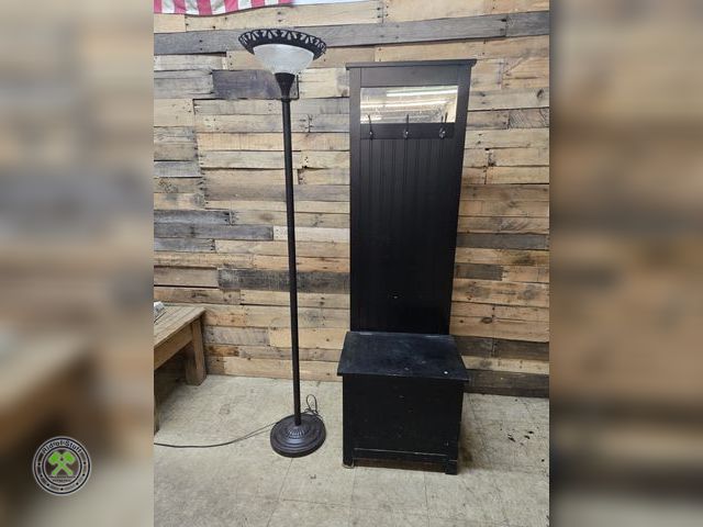 Lot 53-2005 - Black Wooden Hall Tree with Storage - Measures: 22"x19"x69" Hinge needs tightened. Comes with Floor ...
