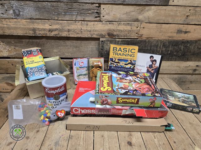 Lot 53-1021 - Lot of Vintage Board Games, box full of Dominoes, Beannie baby, New Dishwasher User Interface Part, ...