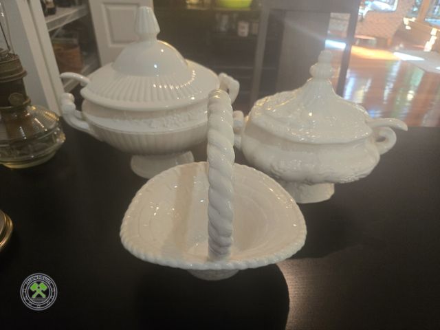 Lot 53-568 - 2 Formal Serving Dishes, One is electric heated. No Chips or Cracks. With White Decorative basket