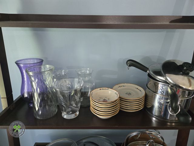 Lot 53-548 - Glass Vases, Cooking Pan with Lid and Collectible small bowls and saucer plates