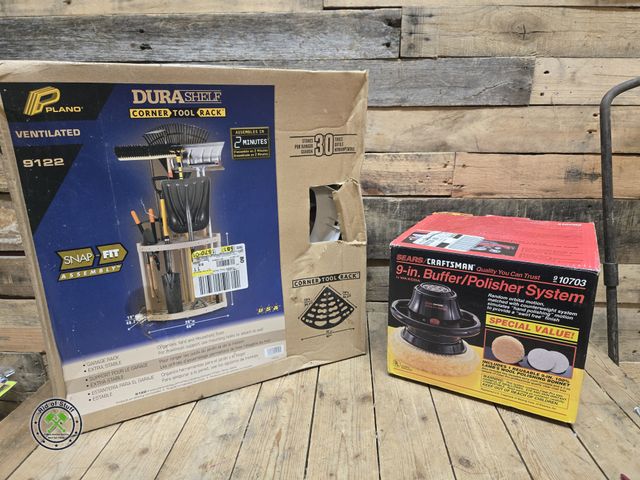 Lot 53-979 - New Garage Plastic Plano Corner Tool Rack and Craftsman 9" Buffer and Polisher System (C16t)