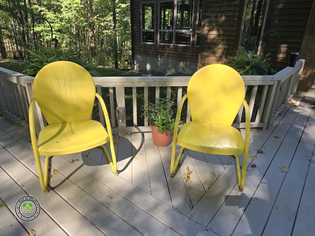 Lot 53-664 - Matching yellow metal Outdoor Chairs
