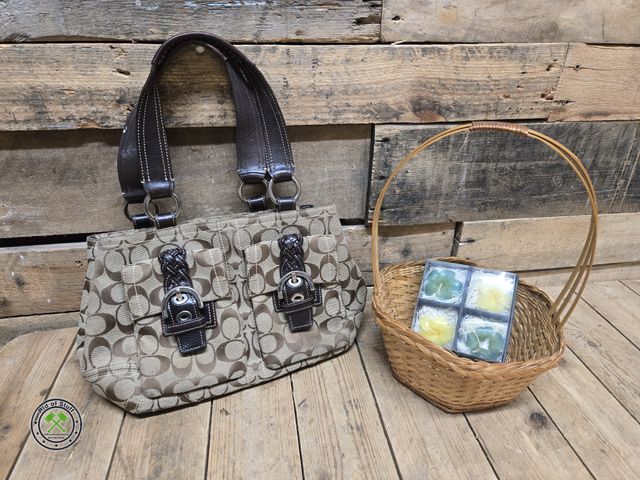 Lot 53-1040 - Coach Handbag Purse - believed to be authentic with basket and candles (C15B)