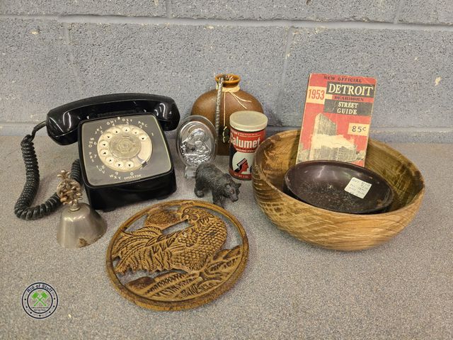 Lot 53-996 - Lot of Vintage Collectible Items - Old Phone, Chicken Hot Plate, Old Bottles, Cans and more