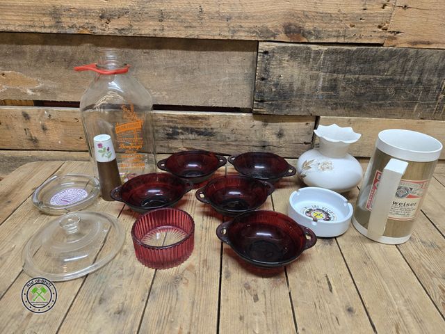 Lot 53-1036 - Vintage Glass Dairy Bottle, Vintage Red Depression Glass, Ashtrays, Vase and More