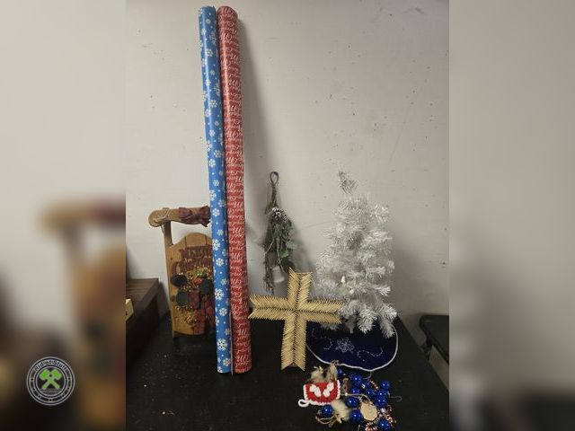 Lot 53-667 - Christmas Decorations - Small White Tree with ornaments, Cross made out of matches, wrapping paper, ...