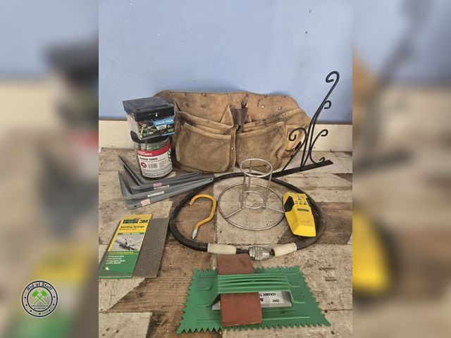Lot 53-590 - Lot of Misc Garage Items - Includes: Tool Work Belt, Stanley Stud Finder, Braces, Drill tool and mor...