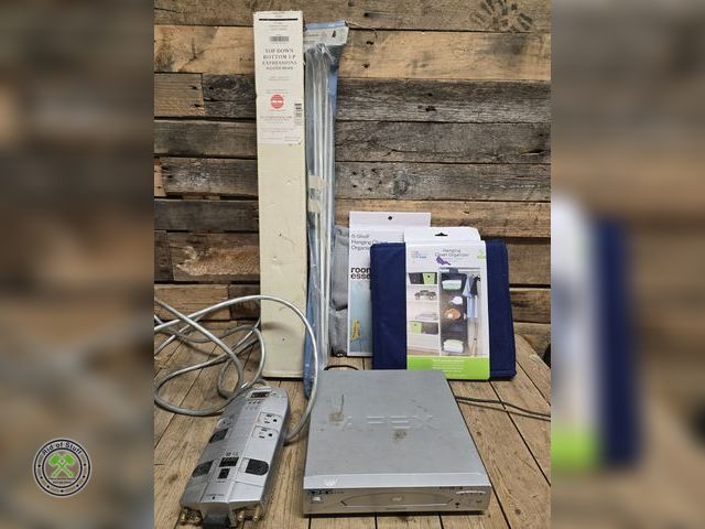 Lot 53-1096 - (2) NOS Fabric Closet Hanging Organizers, Apex DVD Player, Curtain Rods, NOS Green Blind and more