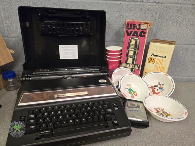 Lot 53-544 - Vintage Lot - Includes: Brother Typewriter, kelloggs Plastic Advertising Cereal Bowls, 5LB Brunswick...