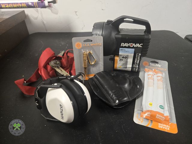 Lot 53-638 - Lot of Misc. 6V Flashlight - New, Tow Straps, Gun Holster, Lights,and survival tools