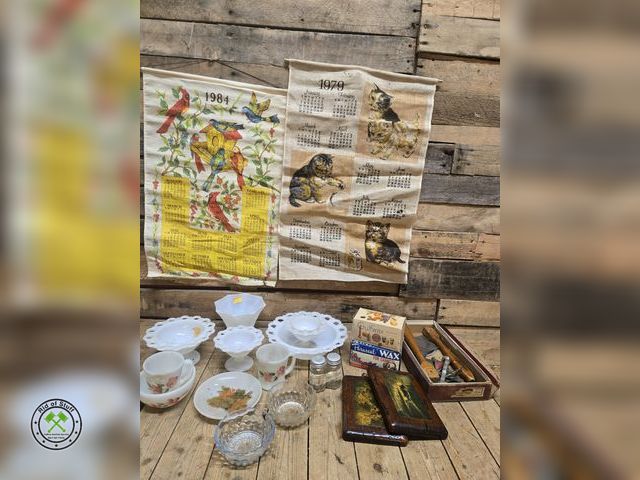 Lot 53-1056 - Lot of vintage Fire King Dishes, Collectible Glass, Vintage Fabric Calendars and more (D)