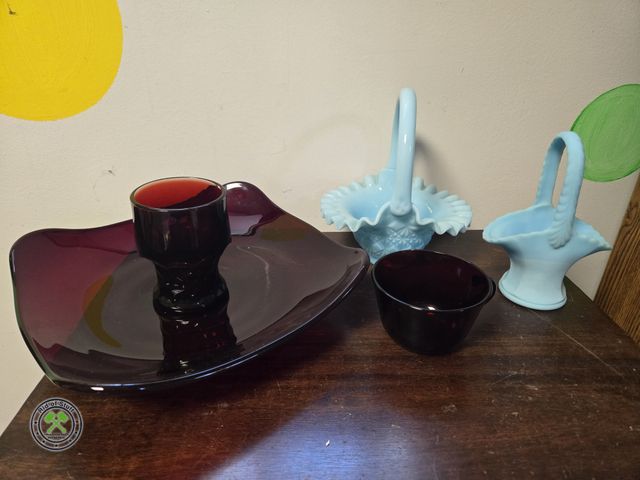Lot 53-720 - Vintage Collectible Ruby Red Depression Glass Dishes, Blue Fenton Baskets (Bsmt-3)