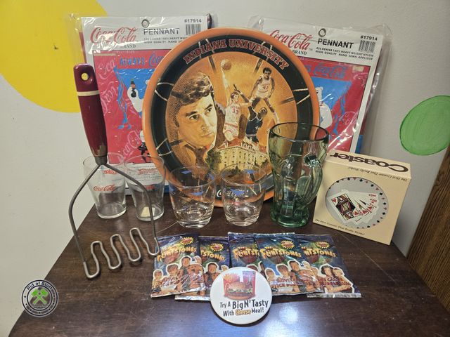 Lot 53-715 - Misc Collectible Lot - Includes: metal Disney Tray, Coaster Set, NOS Coca Cola Pendants, Flintstone ...