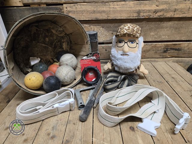 Lot 53-1095 - Veggie Fruit Basket with Croquet Balls, Softballs, Duck Dynasty Stuffy, Belts and misc tools