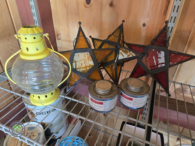 Lot 53-730 - null 3 Outdoor Colored Glass and Metal Decorative Stars, Yellow Lantern and 2 6 hour heat wicks