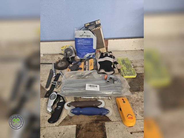 Lot 53-589 - Lot of Misc Tools and Hardware - Includes: New Pack of metal U Shaped Wire, Sandpaper, Work Gloves, ...