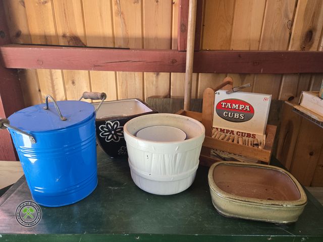 Lot 53-732 - Basket full of wooden clothespins, Blue Ice Bucket, Misc Sized Planter Pots