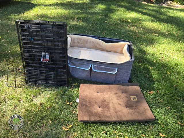 Lot 53-747 - Dog Lot - Includes: Medium Sized Dog Kennel Crate, Luxury Travel Bed, Basket of Dog Toys