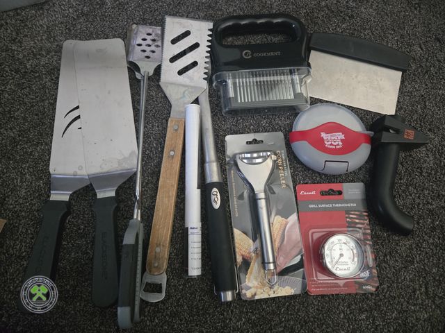 Lot 53-534 - Grill Hand Utensils, Meat Grinder, Corn Peelers, Thermometers and more