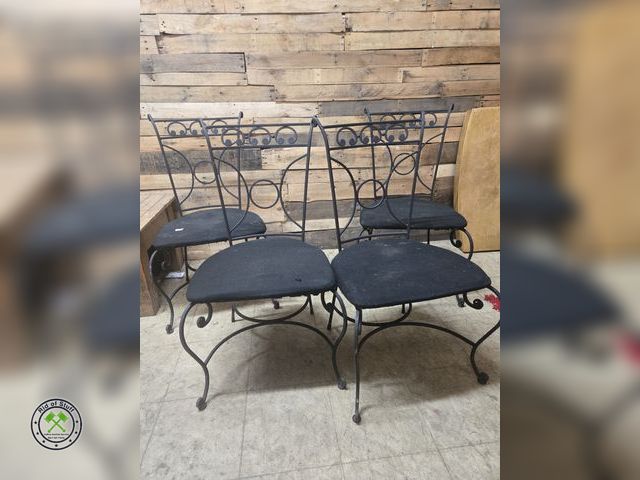 Lot 53-807 - 4 Matching Black Wrought Iron Chairs with Black Padded Seat - Good Condition