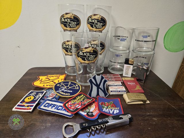 Lot 53-722 - Misc Lot - Metal NYY baseball Belt Buckle, Beer and Liqour Glasses, Vintage Patches, Vintage Tobacco...