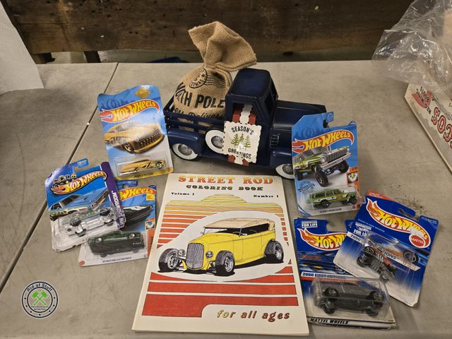 Lot 53-984 - Lot of New Hot Wheels Cars, Vintage Street Rod Cars Coloring Book and Metal Decorative Truck