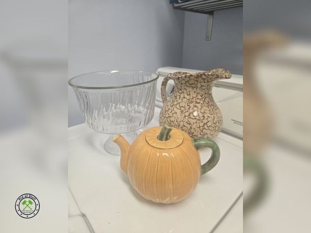 Lot 53-572 - Cute Pumpkin shaped Tea Pot, Large Brown Pitcher and Glass Serving Dish - Bring Box to load.