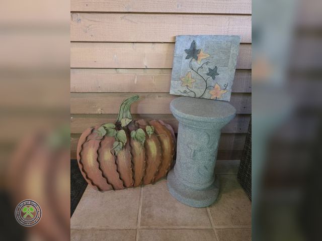 Lot 53-660 - Faux Cement Plant Stand - Measures: 10"x18" with Metal Pumpkin Decor and Square Cement Decor