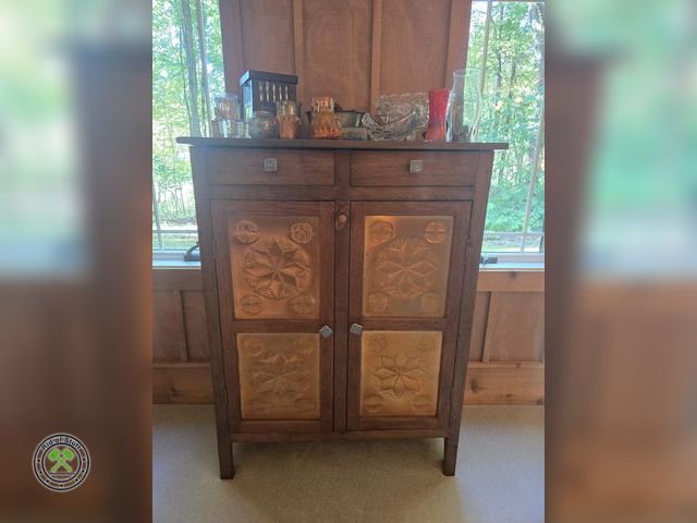 Lot 53-601 - Vintage Wooden Cabinet with one of a kind copper tin inlay with designs - Measures: 39"x15"x50"