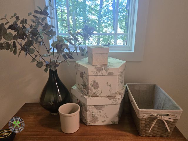 Lot 53-507 - Home Decor Lot - Includes: Nesting Storage Boxes, Cloth Lined Storage Basket, Vase with Artificial F...